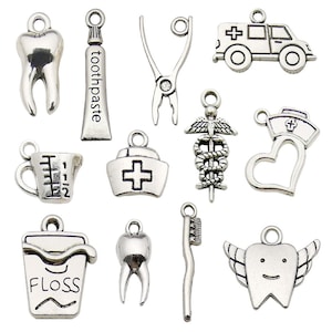 72 peças amuletos de dentista mistos tom de prata antigo em massa, amuletos de dente 3d, amuletos de escova de dentes, para acessórios de fabricação manual diy