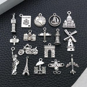 10/17 pezzi Ciondoli della serie Viaggio in argento antico in lega Globo, Torre, Aereo, Ciondoli di design per accessori per la creazione di gioielli fai da te