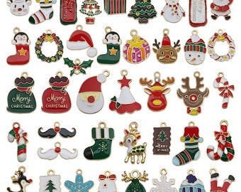 5/10/15pcs Enamel Christmas Charms Collection, Santa Claus Trees Reindeer Deer Snowman Bells  Stocking Socks Metal Pendant