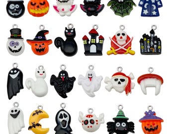10/24pcs Halloween Decoration Charms Resin Pumpkin, Teeth, Bat, Ghost, Pirate Pendants for DIY Bracelet Necklace Jewelry Making Accessories
