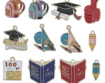 10/12pcs Graduation Season Charms, Alloy School Bags, Books, Bachelor's Hats, Ruler Pendants For DIY Jewelry Making Accessories