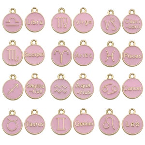 6Color.12pcs/Lot 12 Constellation Enamel Charms Enamel Zodiac Constellation Charms, Astrology Birth Sign Double Sided Coin Zodiac Charm Sets Pink
