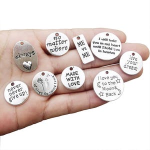 30 PCS Inspiration Word Charms Collection Antique Silver Round Rectangle Heart Letter Text ME vs ME Never Give Up Metal Pendants M044 image 5