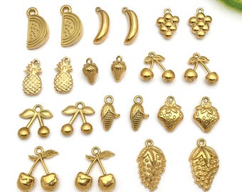 2/5pcs Stainless Steel Fruit Charms Watermelon, Strawberry, Cherry, Banana Pendants for DIY Bracelet Necklace Jewelry Making Accessories