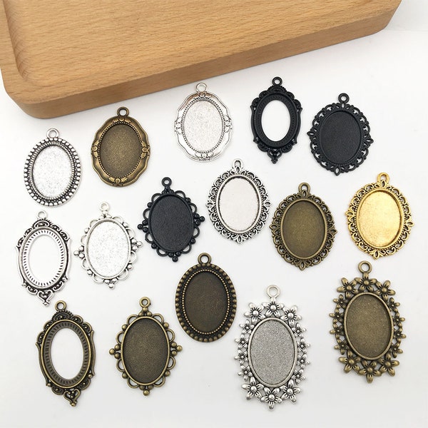 10/20/30PCS 18x25 mm Oval Pendant Trays, Antique Silver Blank Bezel Cabochons Dome Base Setting Frame Cameo Metal Charms