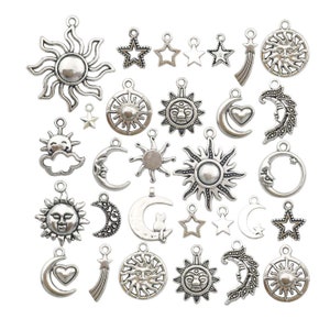 84pcs Silver Sun Moon Star Charms Collection, Mix Sun Moon Star Metal Pendant Craft Supplies Findings