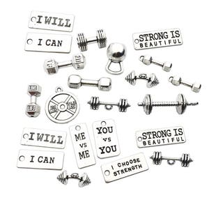 100g Sports Equipment Charms Collection -  Mixed Silver Barbell Dumbbell Kettle Bell Weightlifting Rectangle Word Metal Pendants M039