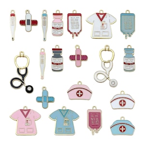 May include: A set of 18 gold-toned metal charms with various medical and healthcare themes. The charms include a stethoscope, a thermometer, a bandage, a vial of medicine, a blood bag, a nurse's hat, a doctor's coat, and a cross. The charms are perfect for adding a touch of medical flair to jewelry, keychains, or other crafts.