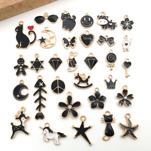 Mixed 30pcs Assorted Black Enamel charms collection，Bulk delicate cute Oil drop Gold plated metal pendants， for Jewelry Making charms