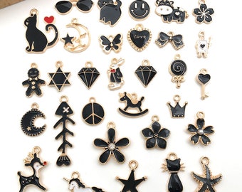 Mixed 30pcs Assorted Black Enamel charms collection，Bulk delicate cute Oil drop Gold plated metal pendants， for Jewelry Making charms