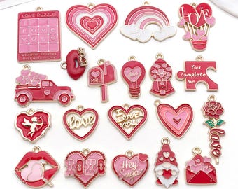 10/20pcs Red Valentine's Day Charms Alloy Heart, Rose Flowers, Hot Air Balloon Pendants for DIY Jewelry Making Accessories