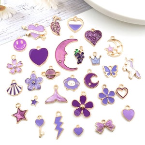 Mixed 30pcs Assorted Purple Enamel charms collection，Bulk delicate cute Oil drop Gold plated metal pendants， for Jewelry Making charms