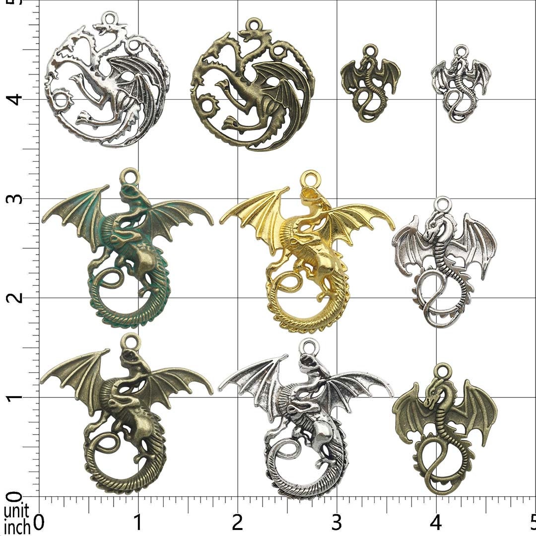 5 Dragon Charms Pendants- Antique Silver Bronze Gold Tone, Multiple Design Choices