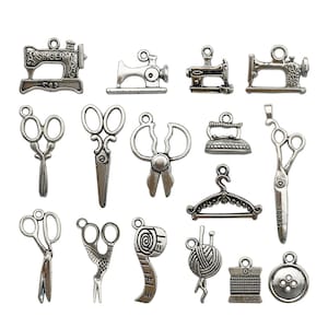 68 PCS Sewing Charms Collection - Antique Silver Scissor Pipe Yarn Clew Button Sewing Machine Charms Jewelry Findings M003