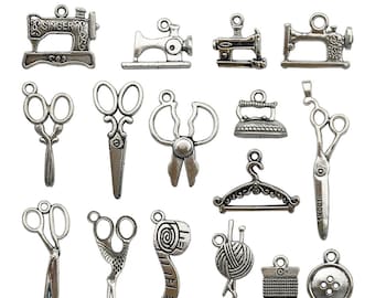 68 PCS Sewing Charms Collection - Antique Silver Scissor Pipe Yarn Clew Button Sewing Machine Charms Jewelry Findings M003