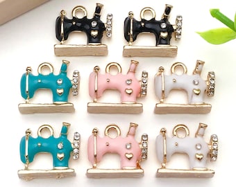 5/8pcs 14*15mm Enamel Sewing Machine Tool Charms Alloy with Rhinestones for DIY Bracelet Necklace Earrings Jewelry Making Accessories