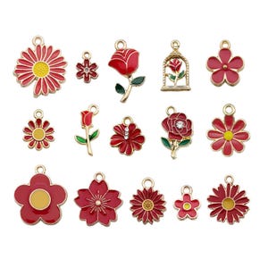 10/20pcs Enamel Red Flower Charms Alloy Rose Flower, Sunflower, Daisy Design Pendants for DIY Bracelet Necklace Jewelry Making Accessories