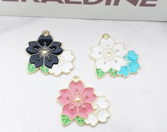 5/10/15pcs flowers Enamel charms，delicate cute Cherry blossoms Gold plated metal pendants，for Jewelry Making earring necklace charms