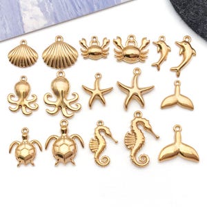 2/5pcs Stainless Steel Marine Life Charms Shell, Sea Turtle, Sea Star, Dolphin Pendants for DIY Bracelet Necklace Jewelry Making Accessories