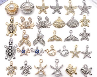 10/30pcs Alloy Marine Life Charms with Rhinestones Pendants, for DIY Bracelet Necklace Earring Jewelry Making Accessories