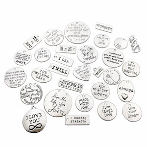 30 PCS Inspiration Word Charms Collection Antique Silver Round Rectangle Heart Letter Text ME vs ME Never Give Up Metal Pendants M044 image 1