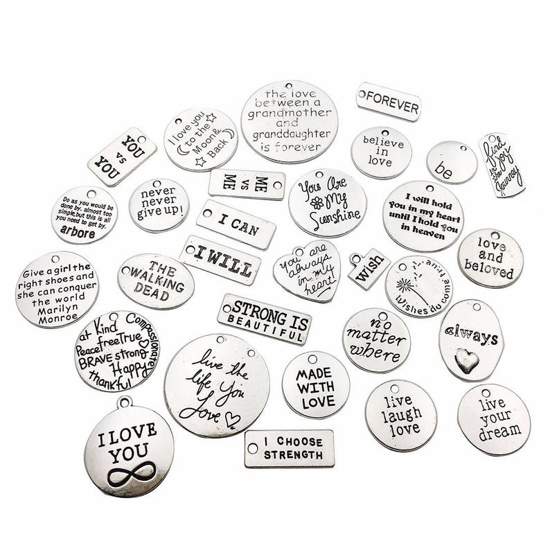 30 PCS Inspiration Word Charms Collection Antique Silver Round Rectangle Heart Letter Text ME vs ME Never Give Up Metal Pendants M044 image 1