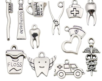 20/24pcs Antique Silvery Dentist Tooth Charms Alloy Tooth Toothbrush Toothpaste Pendant For DIY Bracelet Necklace Jewelry Making Accessories