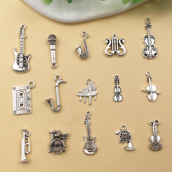 15pcs Mixed musical guitar Charms BULK Antique Silver Tone，musical instrument Pendant，for DIY Hand Making craft Accessories