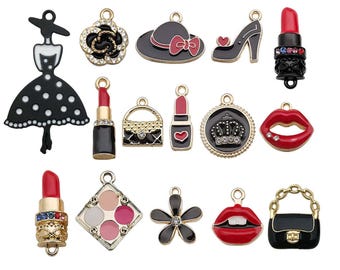10/15pcs Enamel Women's Charms Fashion Lipstick, Bags, High Heels, Perfume Pendants For DIY Jewelry Making Accessories
