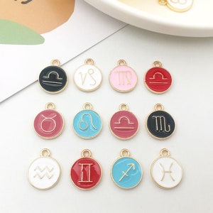 6Color.12pcs/Lot 12 Constellation Enamel Charms Enamel Zodiac Constellation Charms, Astrology Birth Sign Double Sided Coin Zodiac Charm Sets image 1