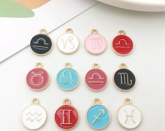 6Color.12pcs/Lot 12 Constellation Enamel Charms Enamel Zodiac Constellation Charms, Astrology Birth Sign Double Sided Coin Zodiac Charm Sets