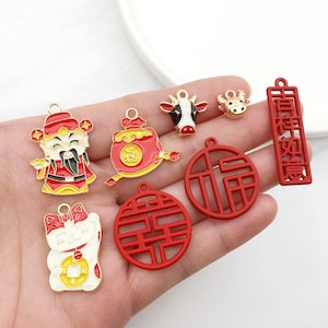 5/10/15PCS New year style charms  Enamel Chinese New Year Charms Lunar New Year Charm, Good Fortune Charm, Chinese Lantern, Chinese Lion
