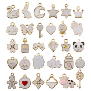 Mixed 30pcs Assorted white Enamel charms collection，Bulk delicate cute Oil drop Gold plated metal pendants， for Jewelry Making charms