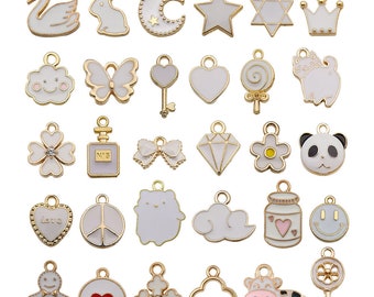 Mixed 30pcs Assorted white Enamel charms collection，Bulk delicate cute Oil drop Gold plated metal pendants， for Jewelry Making charms