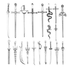 May include: A set of 20 silver-toned sword charms. The charms come in various styles, including a straight sword, a curved sword, and a sword with a cross guard. The charms are ideal for adding a touch of medieval flair to your jewellery or crafts.