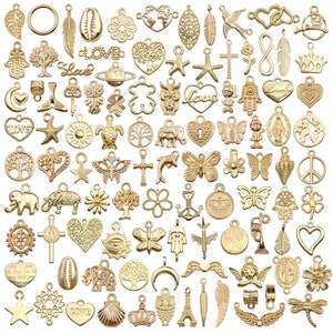 50/100 Uds. Mezcla de estilos KC dijes de sol de corona chapados en oro, colgantes de corazón de dijes a granel, accesorios de joyería DIY, suministros de colgantes para collar
