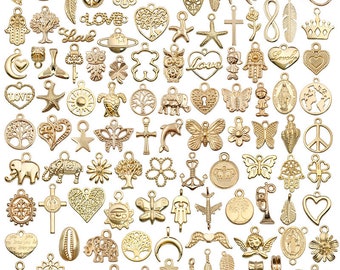 50/100pcs Mix Styles KC Gold Plated Crown Sun Charms，Bulk Charms Heart Pendants，DIY Jewelry Findings Necklace Pendants Supplies