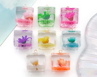 5/8pcs 14*17mm Colorful luminous Fowers Charms Resin Square Pendants For DIY Bracelet Necklace Earrings Jewelry Making Accessories