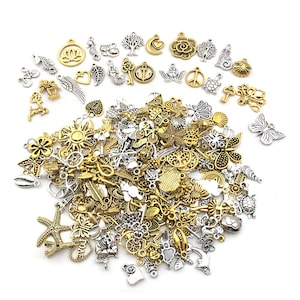 200pcs Assorted Mixed Charms In BULK Antique Silver Tone，Antique Gold Wholesale Mixed Charms Collections for DIY Hand Making Accessories