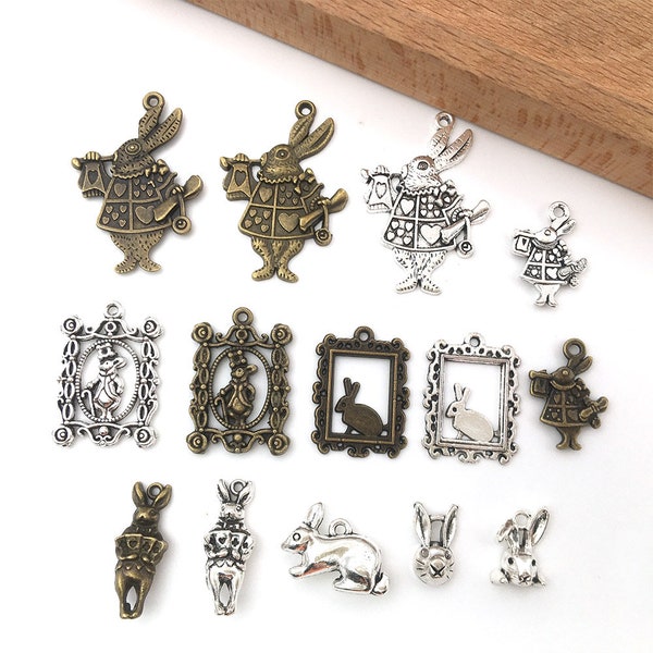 10/20/30pcs Alice in Wonderland Fairy Charms Pendants Collection Antique Bronze Alice Rabbit Steampunk Charm Jewellery Supplies