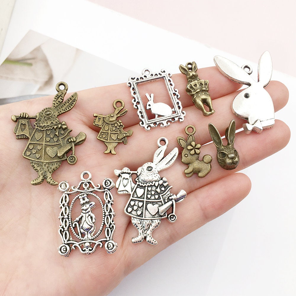 40 PCS Alice in Wonderland Fairy Charms Collection - Antique Alice Rabbit  Steampunk Skeleton Keys Pendants Jewelry Findings (Bronze HM76)