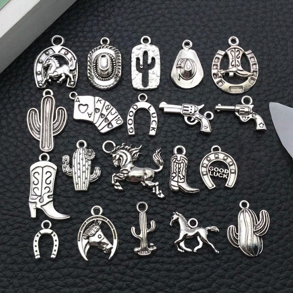 20pcs Vintage Western Cowboy Charms Alloy Western Horse, Cactus, Horseshoe, Boots, Hat Pendants for DIY Jewelry Making Accessories