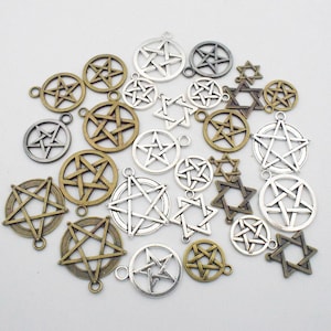 100g Pentagram Star Charms Collection - Antique Silver Bronze Pentacle  Hexagram Star Wiccan Pentacle 5 Pointed Star halloween Pendants M011