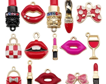 10/20pcs Enamel Red Women Charms Alloy Bag, Lipstick, High Heels Design Pendants for DIY Bracelet Necklace Jewelry Making Accessories