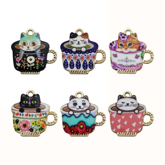 5/6pcs 23*23mm Enamel Teacup Cat Design Charms Alloy Cute Cartoon