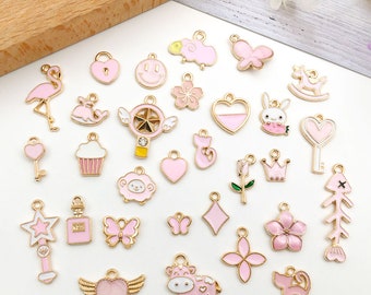 Mixed 30pcs Assorted Pink Enamel charms collection，Bulk delicate cute Oil drop Gold plated metal pendants， For Jewelry Making charms