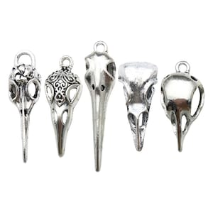 May include: Five silver bird skull pendant charms with intricate details. The charms are all different designs, but they all have a similar shape and style.