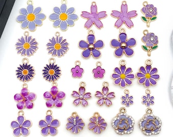 10/30pcs Enamel Purple Flower Charms Alloy Sunflower, Daisy, Rose Pendants for DIY Bracelets Necklaces Earrings Jewelry Making Accessories