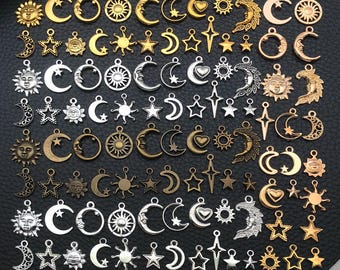 100 Stück Celestial Charms Legierung Sonne, Mond, Stern Anhänger für DIY Armbänder Halsketten Ohrringe Schmuck machen Zubehör
