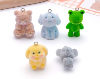5pcs Resin Flocked Animal Charms, 3D Elephant, Rabbit, Koala, Little Bear, Frog Pendants for DIY Jewelry Making Accessories